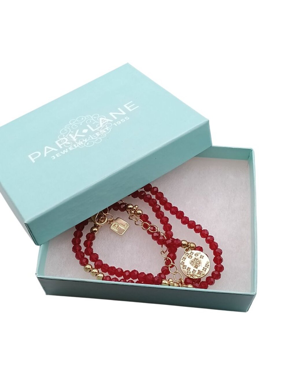 Park Lane Sublime Red Beaded Necklace With Gold Accents & Rhinestone Pendant